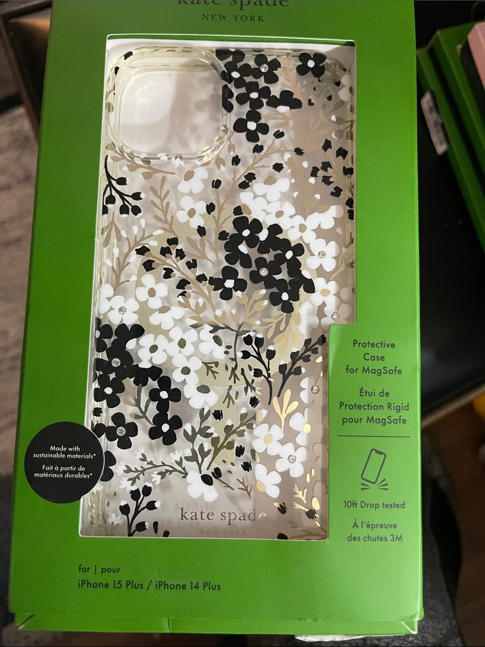 kate spade Black, White & Gold Floral MagSafe iPhone 15/14 plus